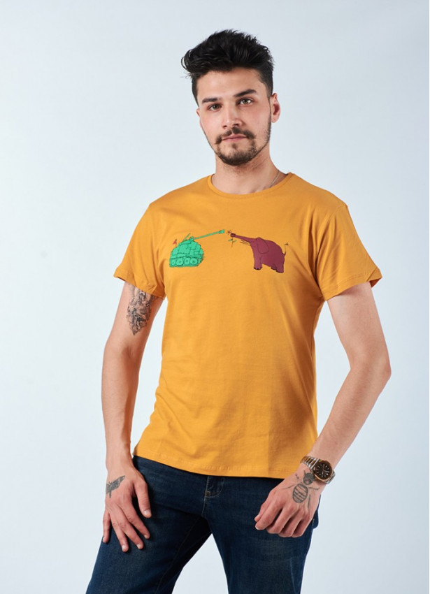 Fil Baskılı Kısa Kollu Erkek Sarı T-Shirt